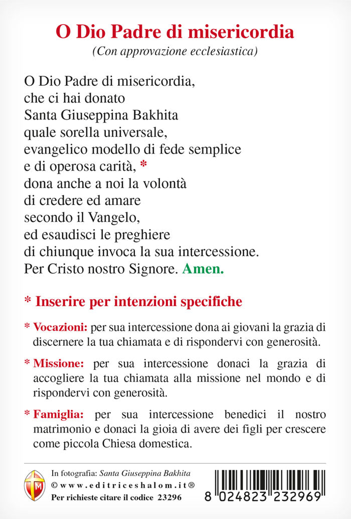 Cartolina Bakhita con retro preghiera "O Dio Padre di misericordia"