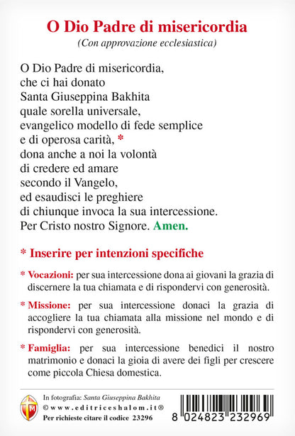 Cartolina Bakhita con retro preghiera "O Dio Padre di misericordia"