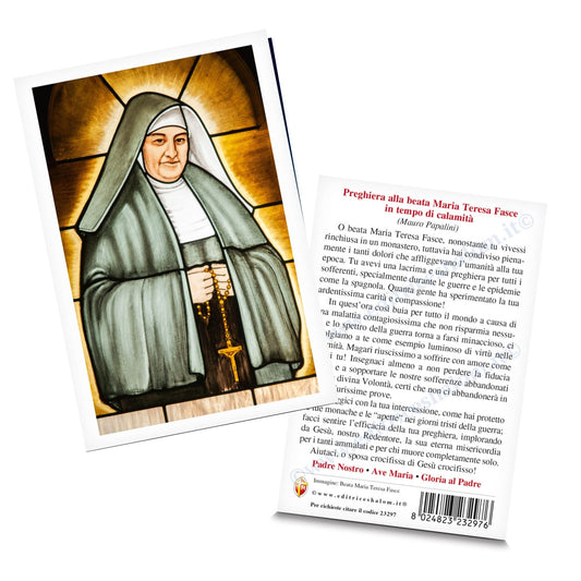 Cartolina beata Maria Teresa Fasce con retro "preghiera in tempo di calamita'"