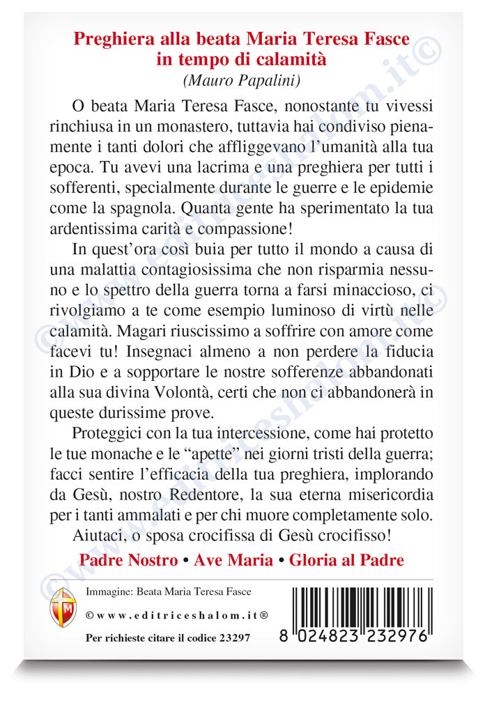 Cartolina beata Maria Teresa Fasce con retro "preghiera in tempo di calamita'"
