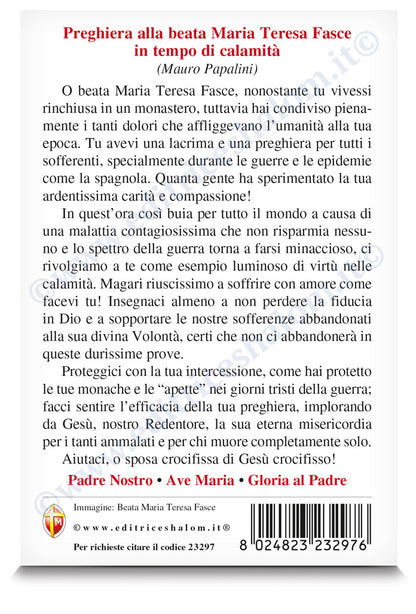 Cartolina beata Maria Teresa Fasce con retro "preghiera in tempo di calamita'"