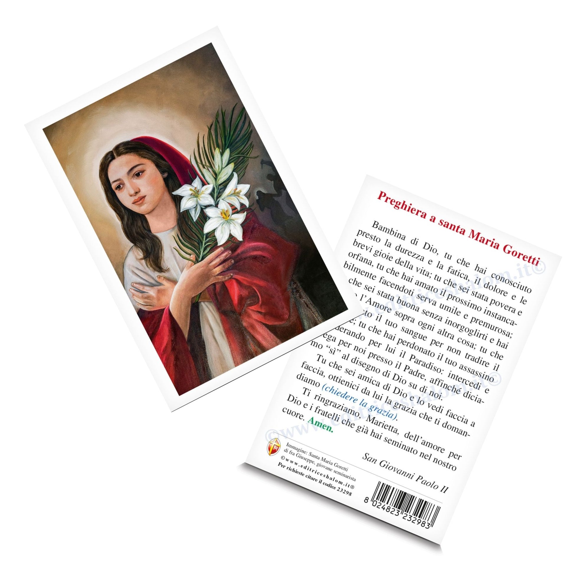 Cartolina santa Maria Goretti con retro preghiera a santa Maria Goretti di san Giovanni Paolo II