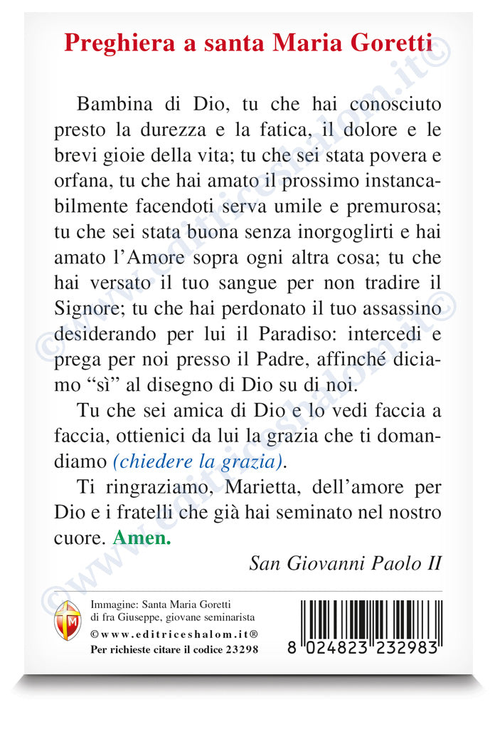 Cartolina santa Maria Goretti con retro preghiera a santa Maria Goretti di san Giovanni Paolo II