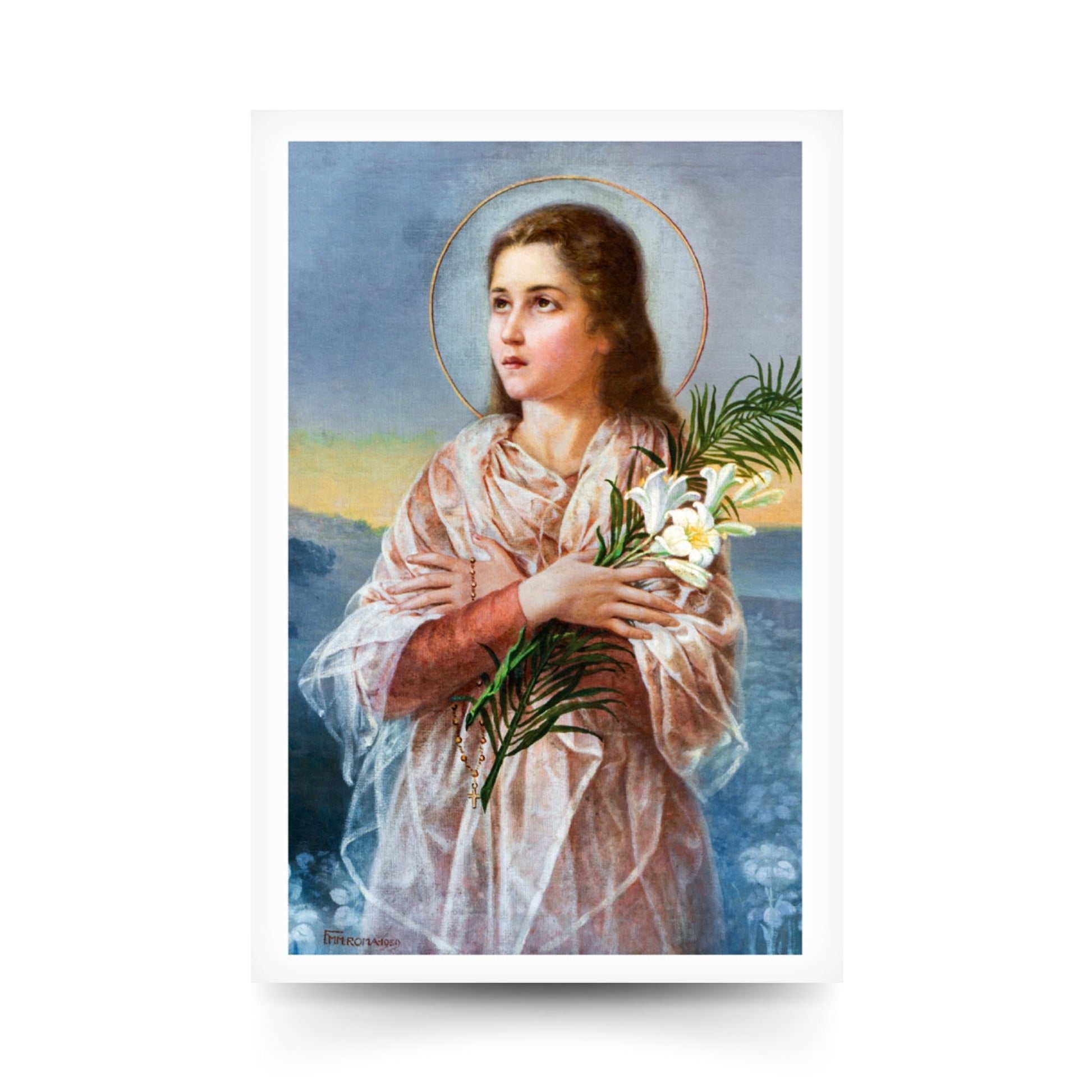 Cartolina santa Maria Goretti, immagine classica, con retro preghiera a santa Maria Goretti di san Giovanni Paolo II