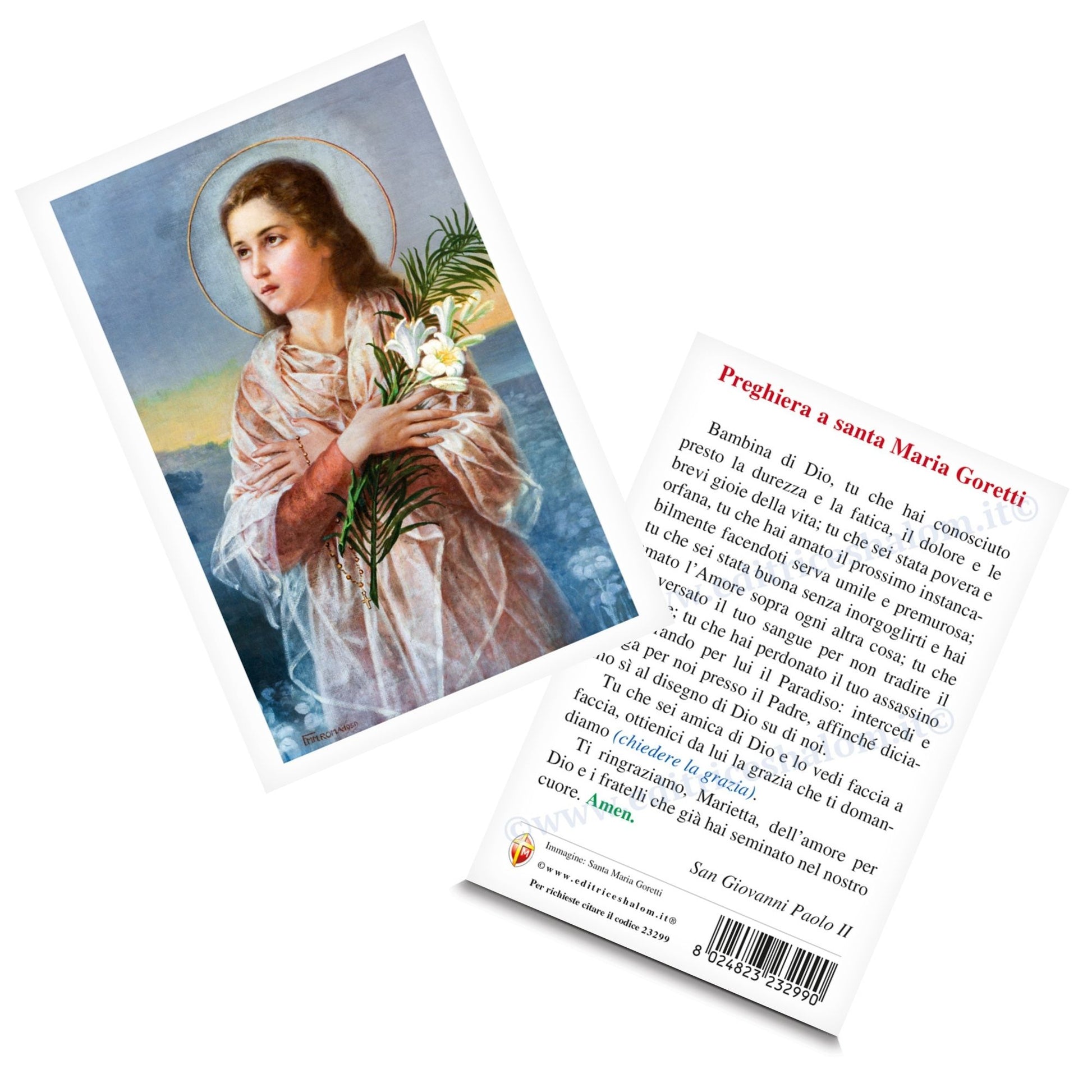 Cartolina santa Maria Goretti, immagine classica, con retro preghiera a santa Maria Goretti di san Giovanni Paolo II