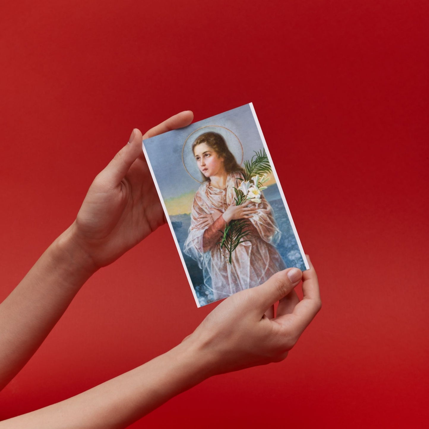 Cartolina santa Maria Goretti, immagine classica, con retro preghiera a santa Maria Goretti di san Giovanni Paolo II