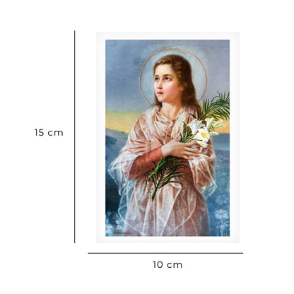 Cartolina santa Maria Goretti, immagine classica, con retro preghiera a santa Maria Goretti di san Giovanni Paolo II