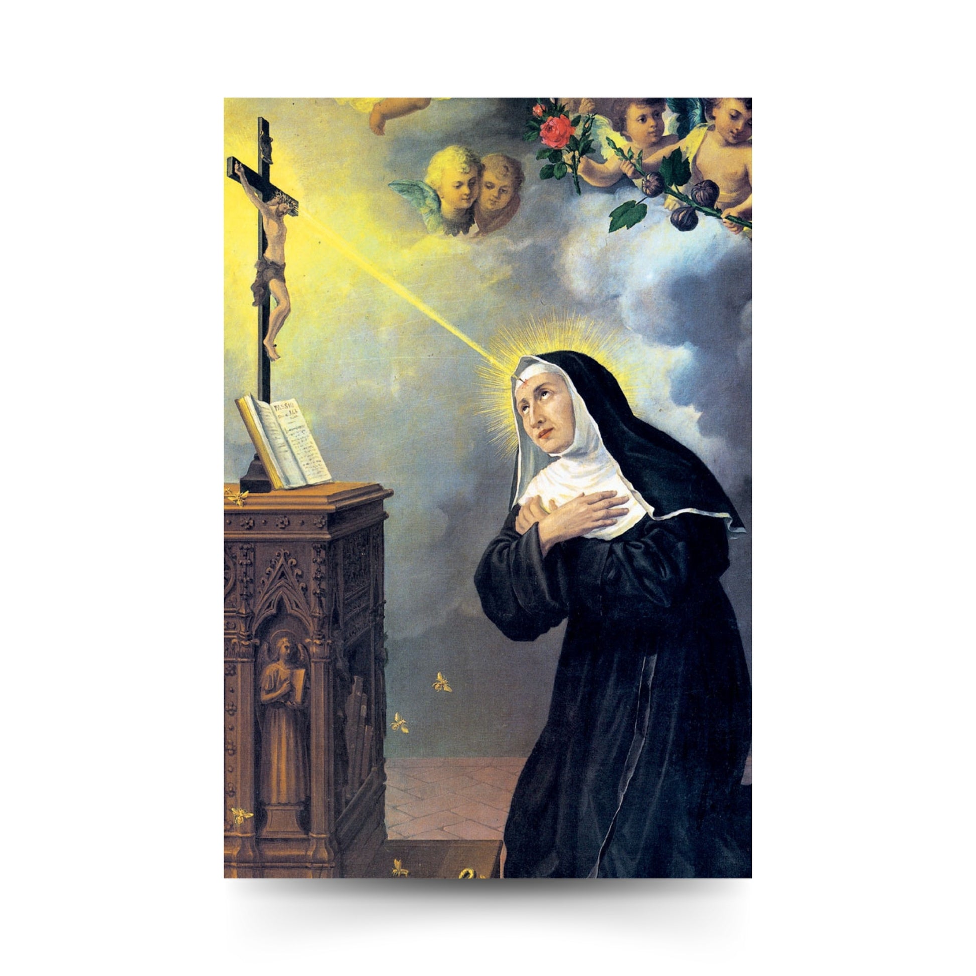 Cartolina Santa Rita con retro "Preghiera per gli sposi che non riescono ad avere figli"