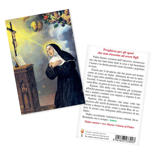 Cartolina Santa Rita con retro "Preghiera per gli sposi che non riescono ad avere figli"