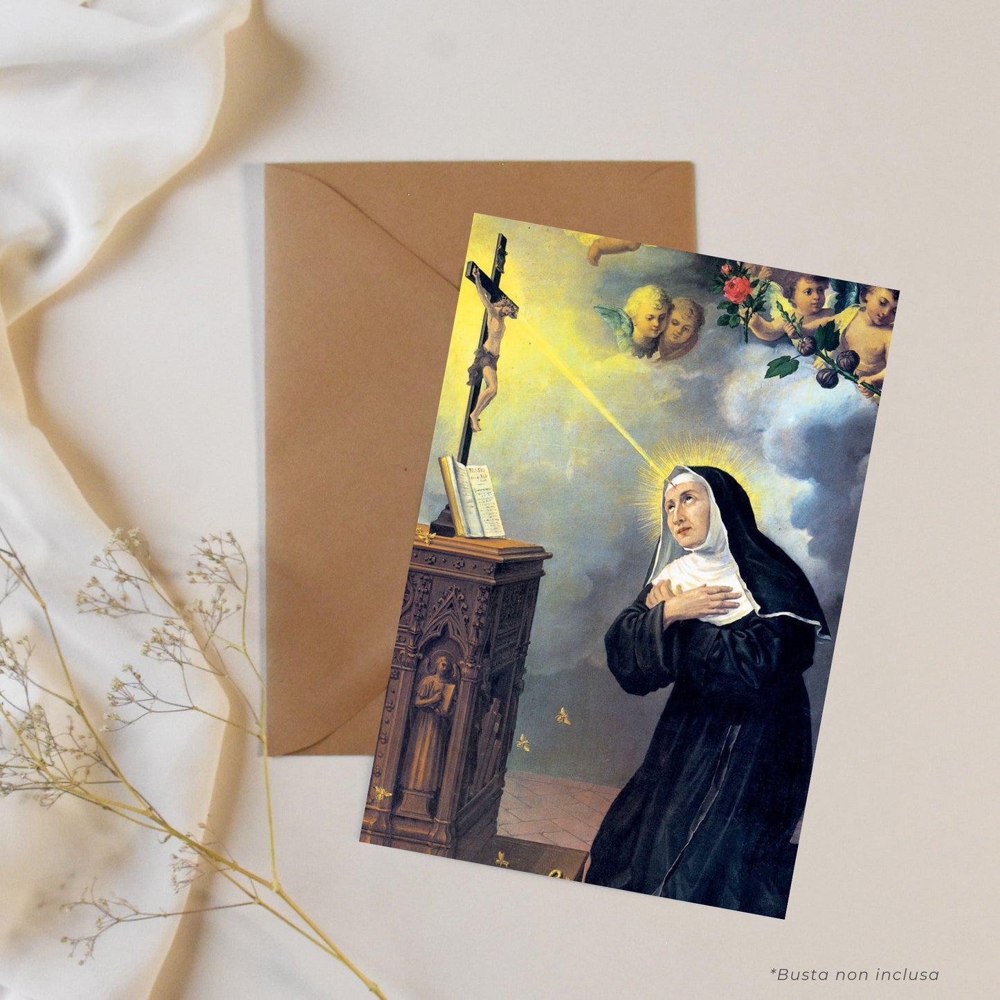 Cartolina Santa Rita con retro "Preghiera per gli sposi che non riescono ad avere figli"
