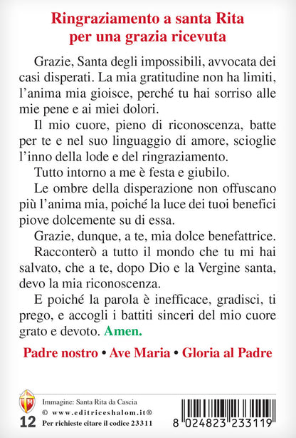 Cartolina santa Rita con retro "Ringraziamento a santa Rita per una grazia ricevuta"