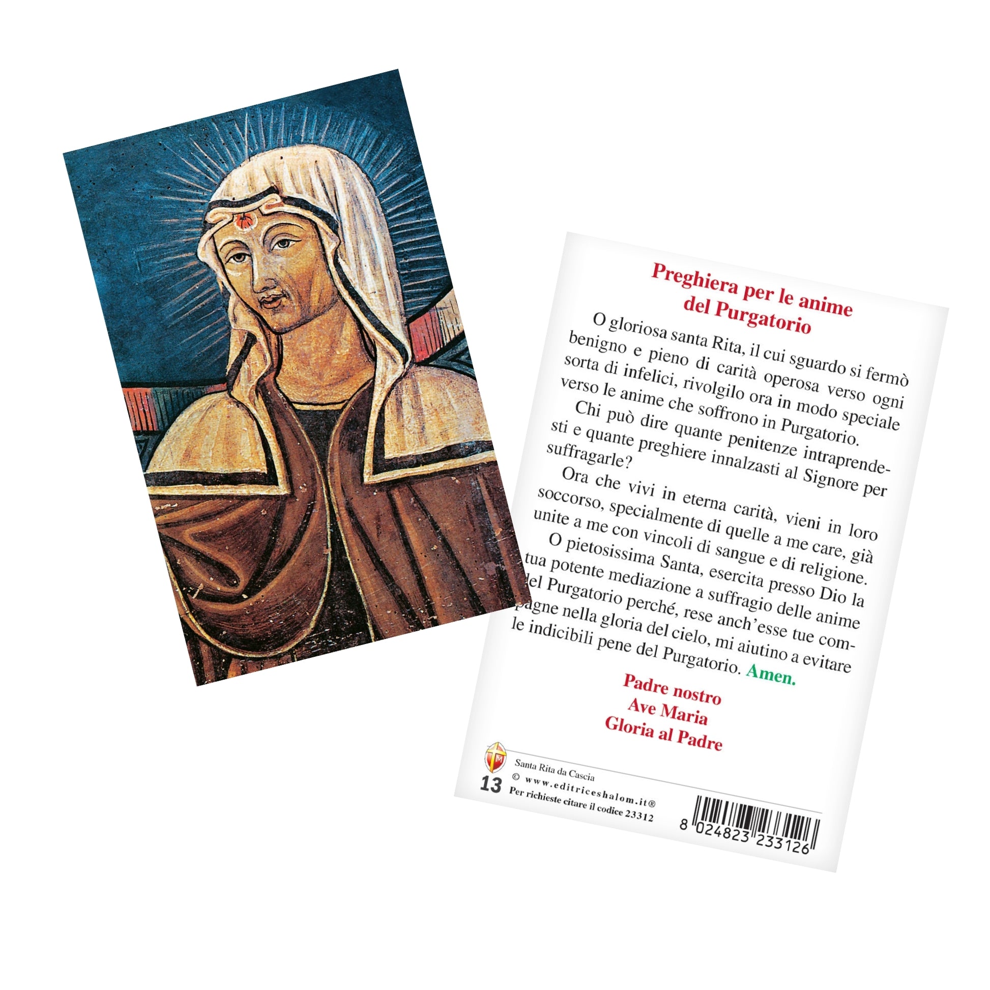 Cartolina santa Rita con retro "Preghiera a santa Rita per le anime del Purgatorio"