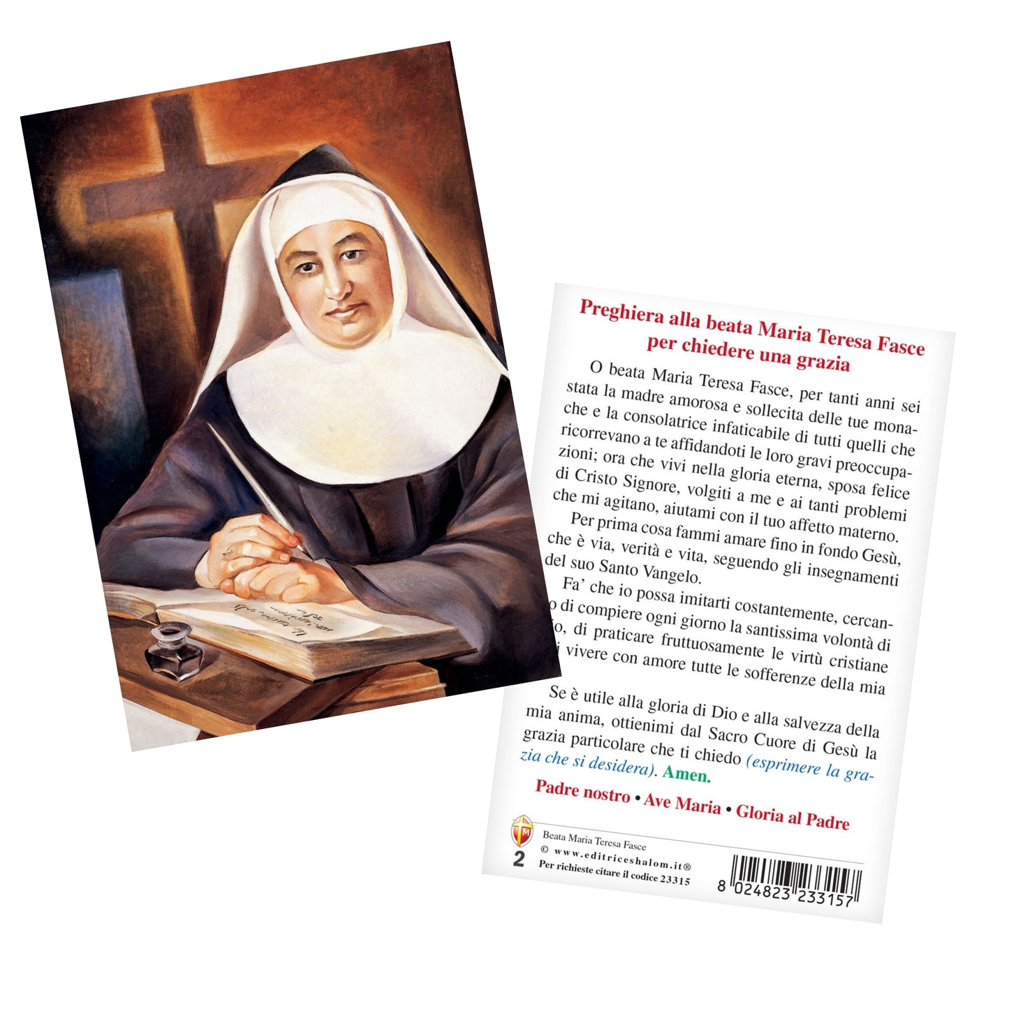 Cartolina alla beata Maria Teresa Fasce con retro "Preghiera alla beata Maria Teresa Fasce per chiedere una grazia"