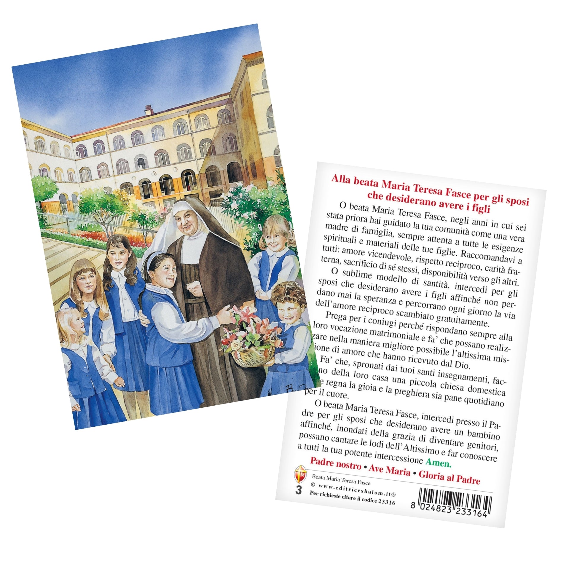 Cartolina alla beata Maria Teresa Fasce con retro "Preghiera alla beata Maria Teresa Fasce per gli sposi che desiderano avere figli"