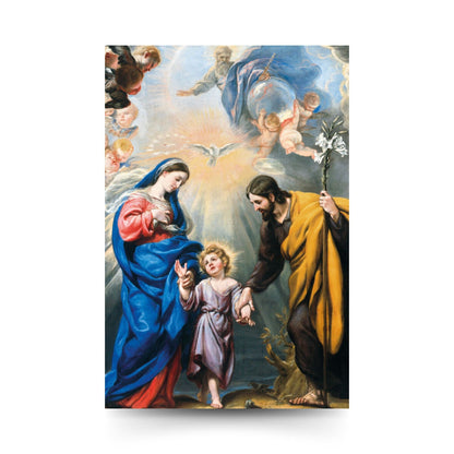Cartolina Trinità e santi Giuseppe e Maria. Sul retro "San Giuseppe, modello di Vita interiore"