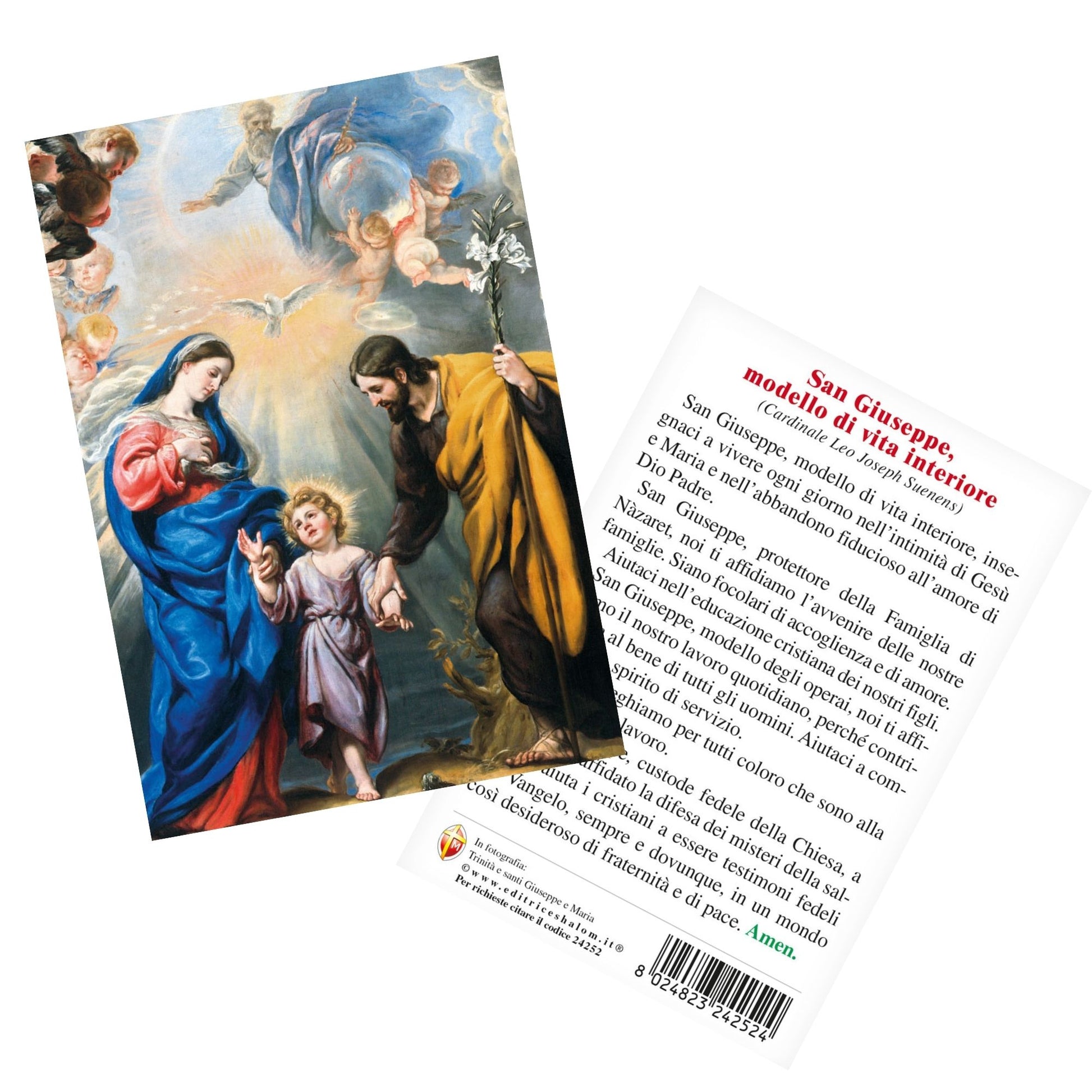Cartolina Trinità e santi Giuseppe e Maria. Sul retro "San Giuseppe, modello di Vita interiore"