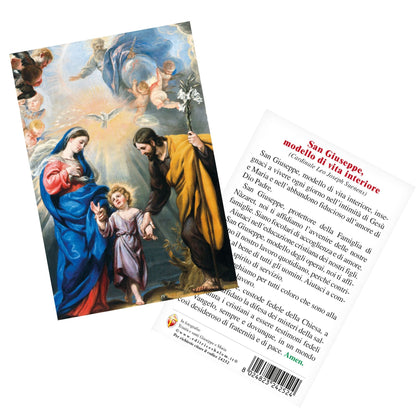 Cartolina Trinità e santi Giuseppe e Maria. Sul retro "San Giuseppe, modello di Vita interiore"