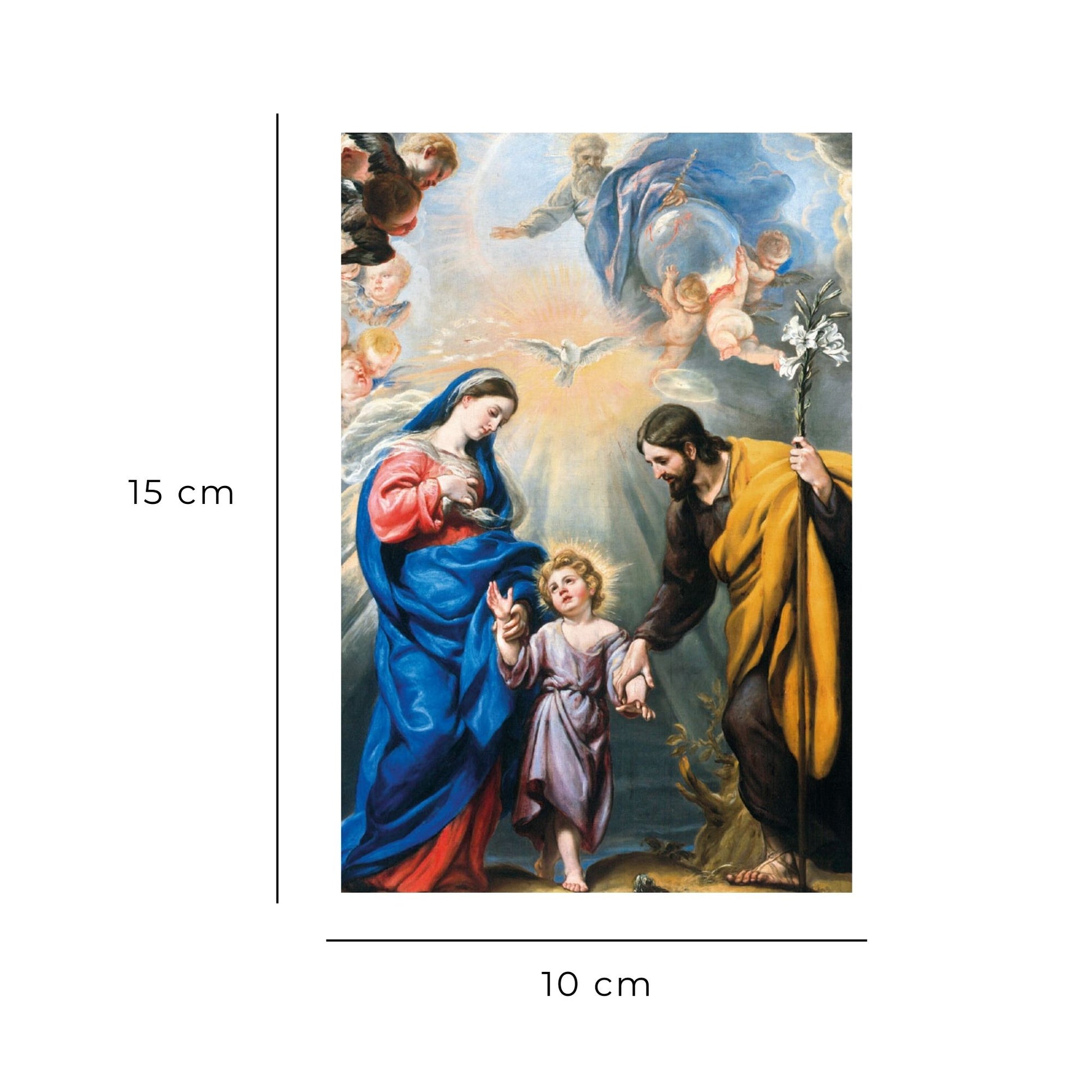 Cartolina Trinità e santi Giuseppe e Maria. Sul retro "San Giuseppe, modello di Vita interiore"