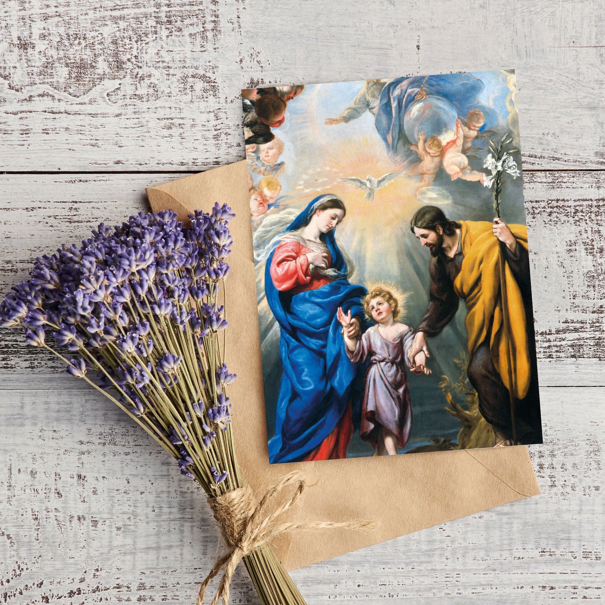 Cartolina Trinità e santi Giuseppe e Maria. Sul retro "San Giuseppe, modello di Vita interiore"
