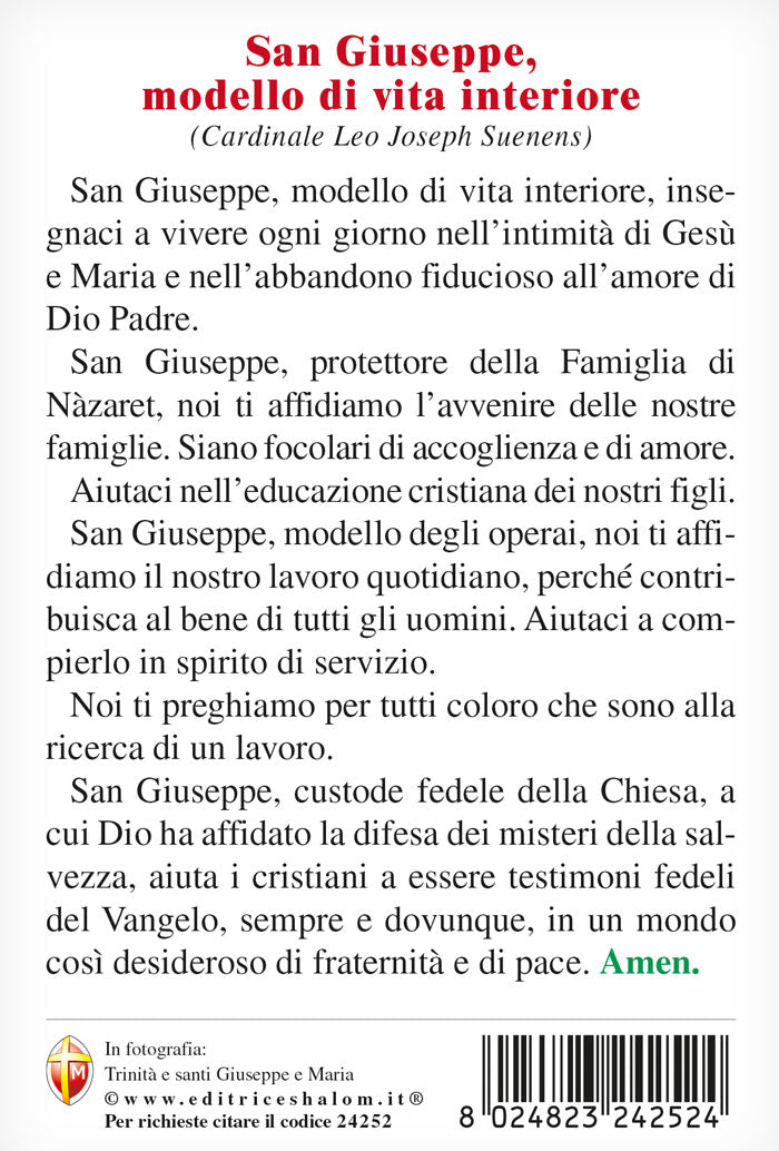 Cartolina Trinità e santi Giuseppe e Maria. Sul retro "San Giuseppe, modello di Vita interiore"