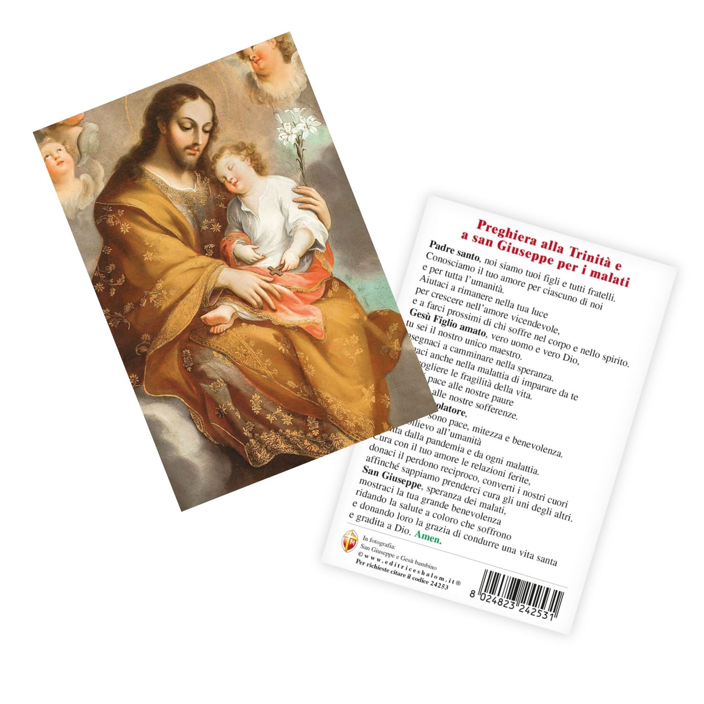 Cartolina San Giuseppe e Gesù Bambino. Sul retro "Preghiera alla Trinità e a S.Giuseppe per i malati"