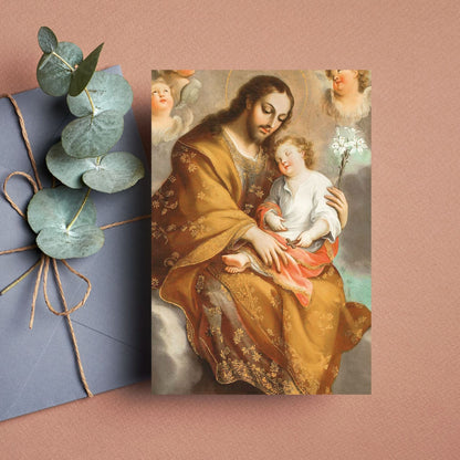 Cartolina San Giuseppe e Gesù Bambino. Sul retro "Preghiera alla Trinità e a S.Giuseppe per i malati"