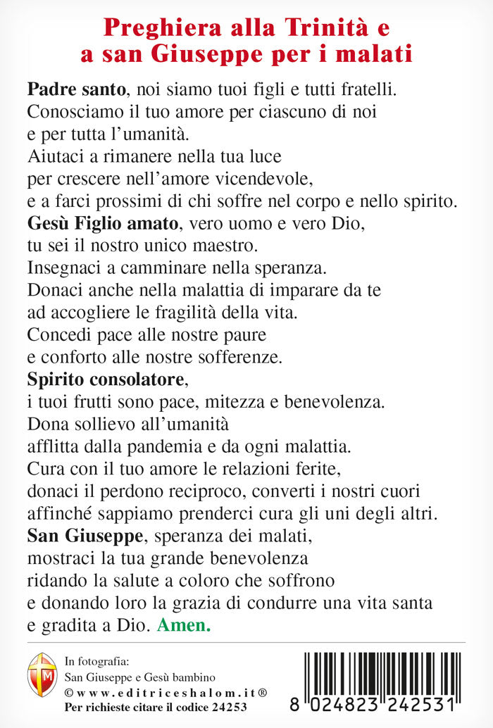 Cartolina San Giuseppe e Gesù Bambino. Sul retro "Preghiera alla Trinità e a S.Giuseppe per i malati"