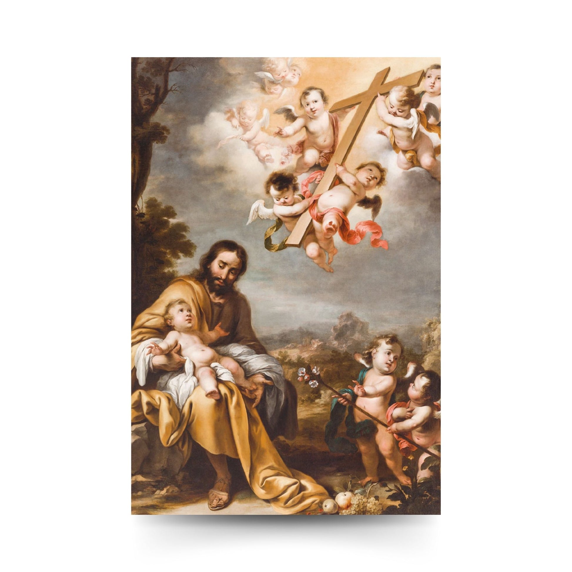 Cartolina San Giuseppe e Gesù bambino. Sul retro "San Giuseppe, aiutami ad ascoltare" di Card. Comastri