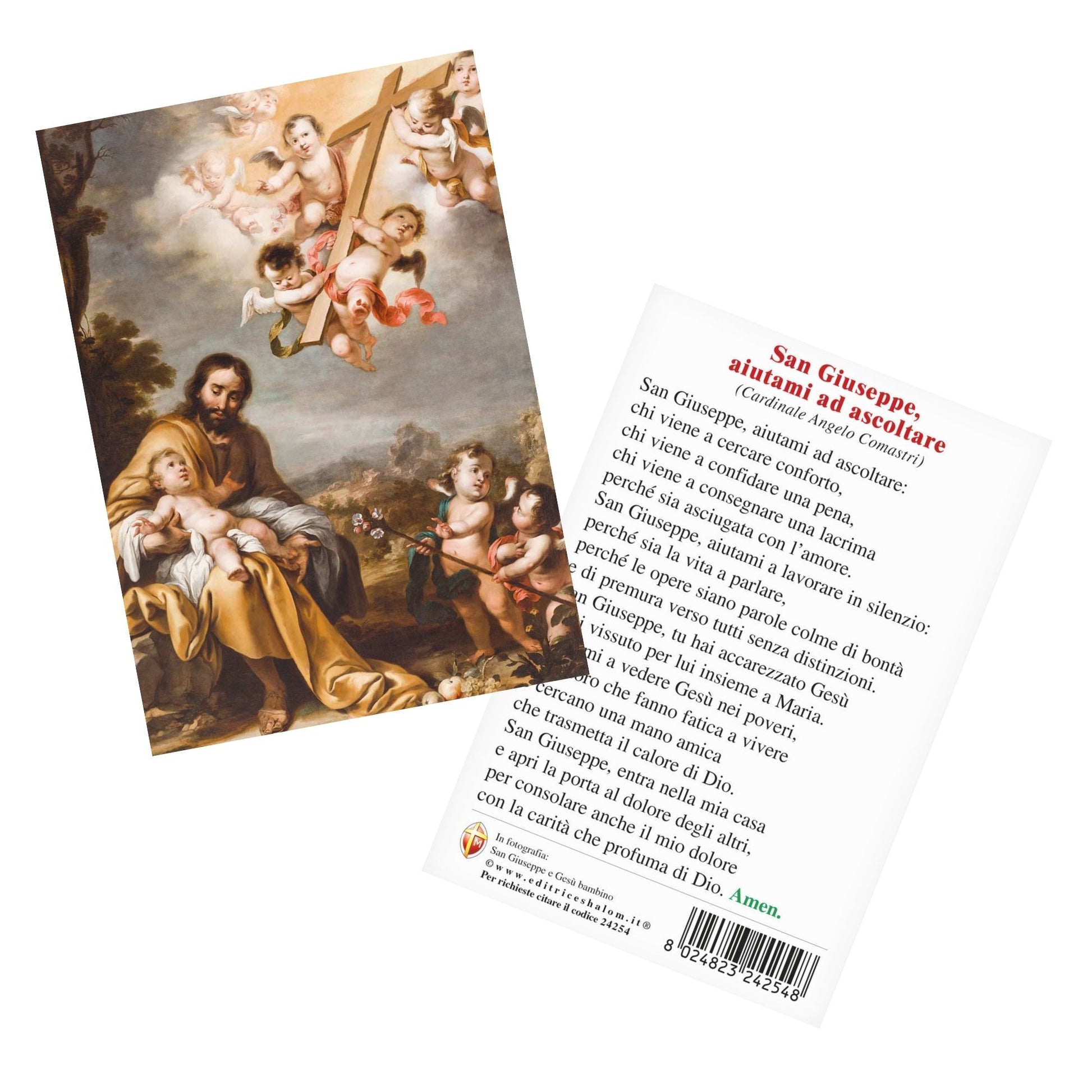 Cartolina San Giuseppe e Gesù bambino. Sul retro "San Giuseppe, aiutami ad ascoltare" di Card. Comastri