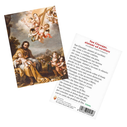 Cartolina San Giuseppe e Gesù bambino. Sul retro "San Giuseppe, aiutami ad ascoltare" di Card. Comastri