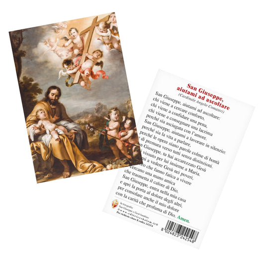 Cartolina San Giuseppe e Gesù bambino. Sul retro "San Giuseppe, aiutami ad ascoltare" di Card. Comastri