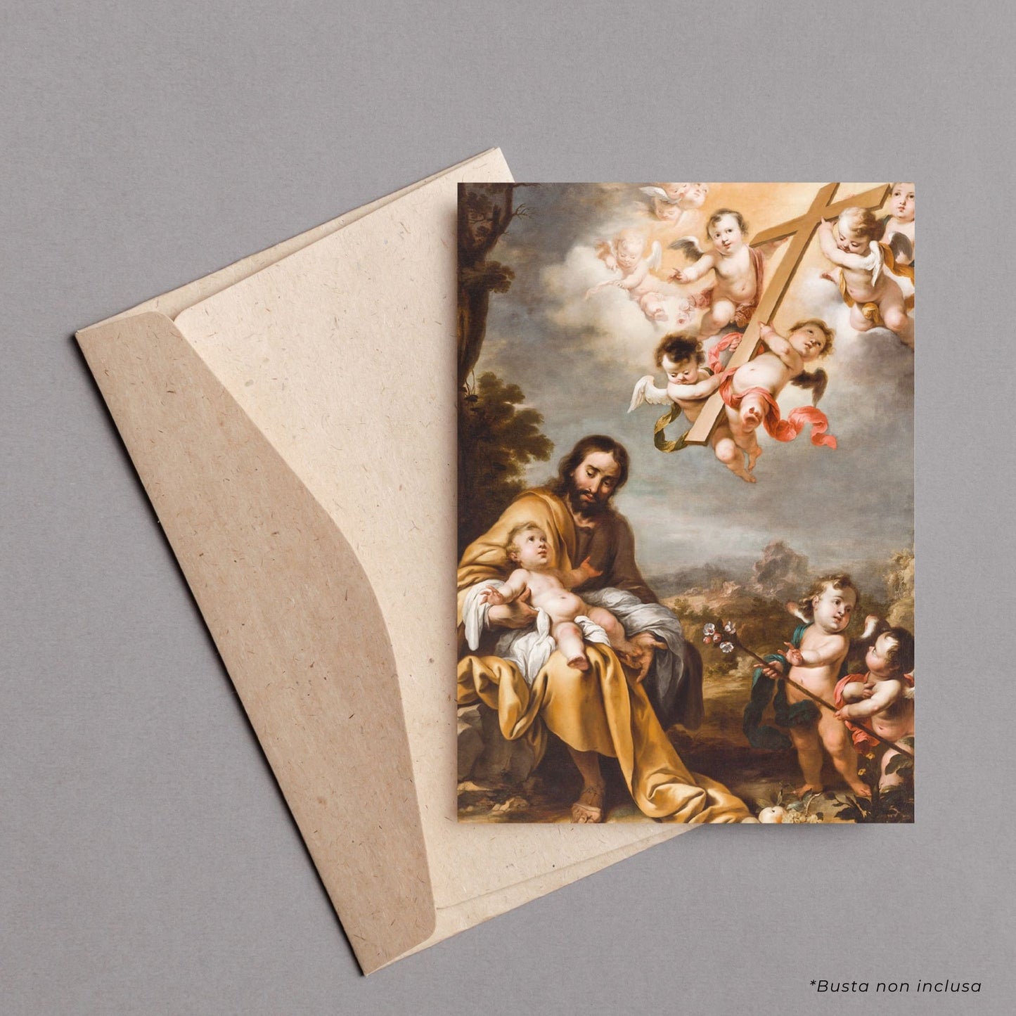 Cartolina San Giuseppe e Gesù bambino. Sul retro "San Giuseppe, aiutami ad ascoltare" di Card. Comastri