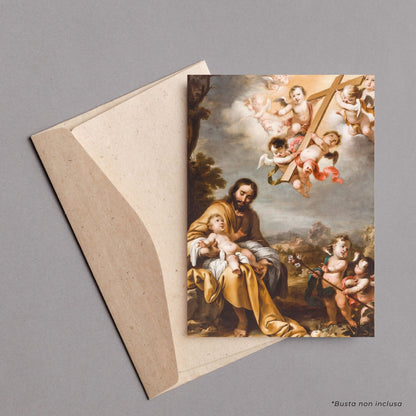 Cartolina San Giuseppe e Gesù bambino. Sul retro "San Giuseppe, aiutami ad ascoltare" di Card. Comastri