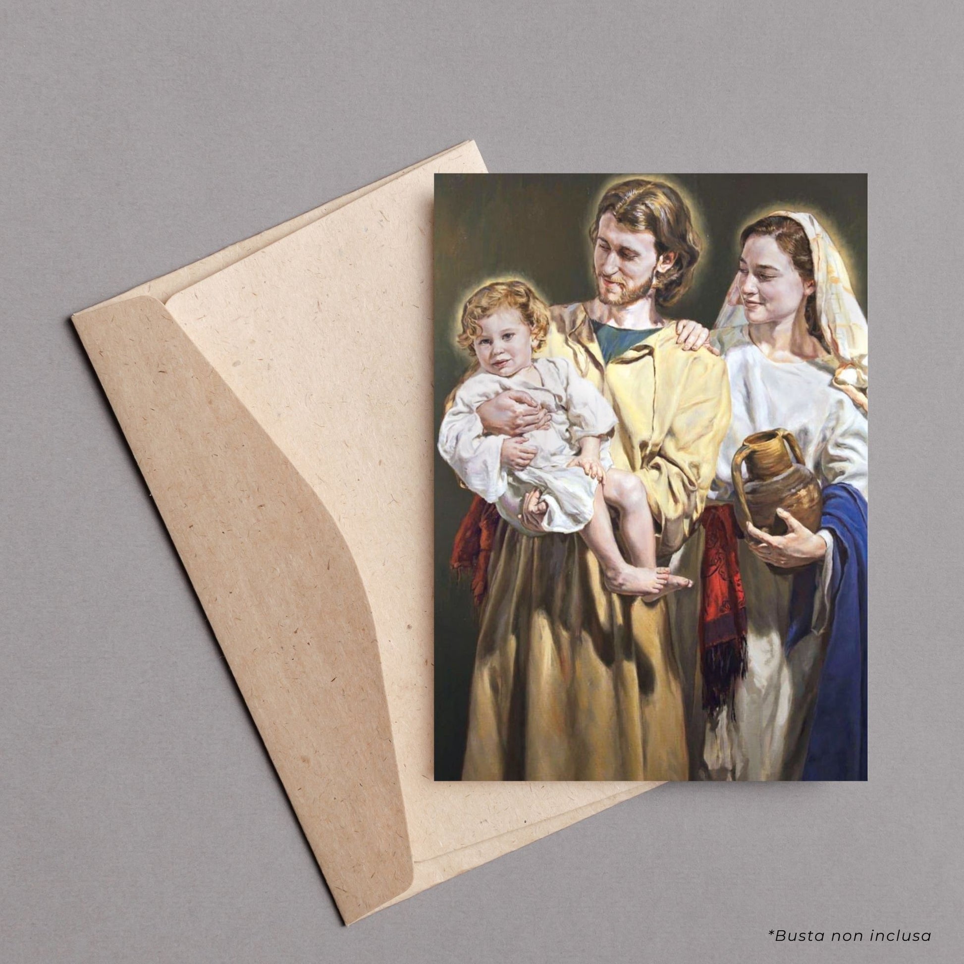 Cartolina Santa Famiglia. Sul retro "Atto di consacrazione a Gesù, Maria e Giuseppe" di Card. Comastri