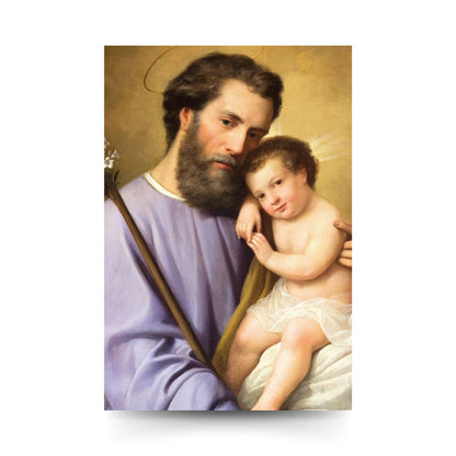 Cartolina San Giuseppe e Gesù bambino. Sul retro "San Giuseppe, aiutaci" di Card. Comastri