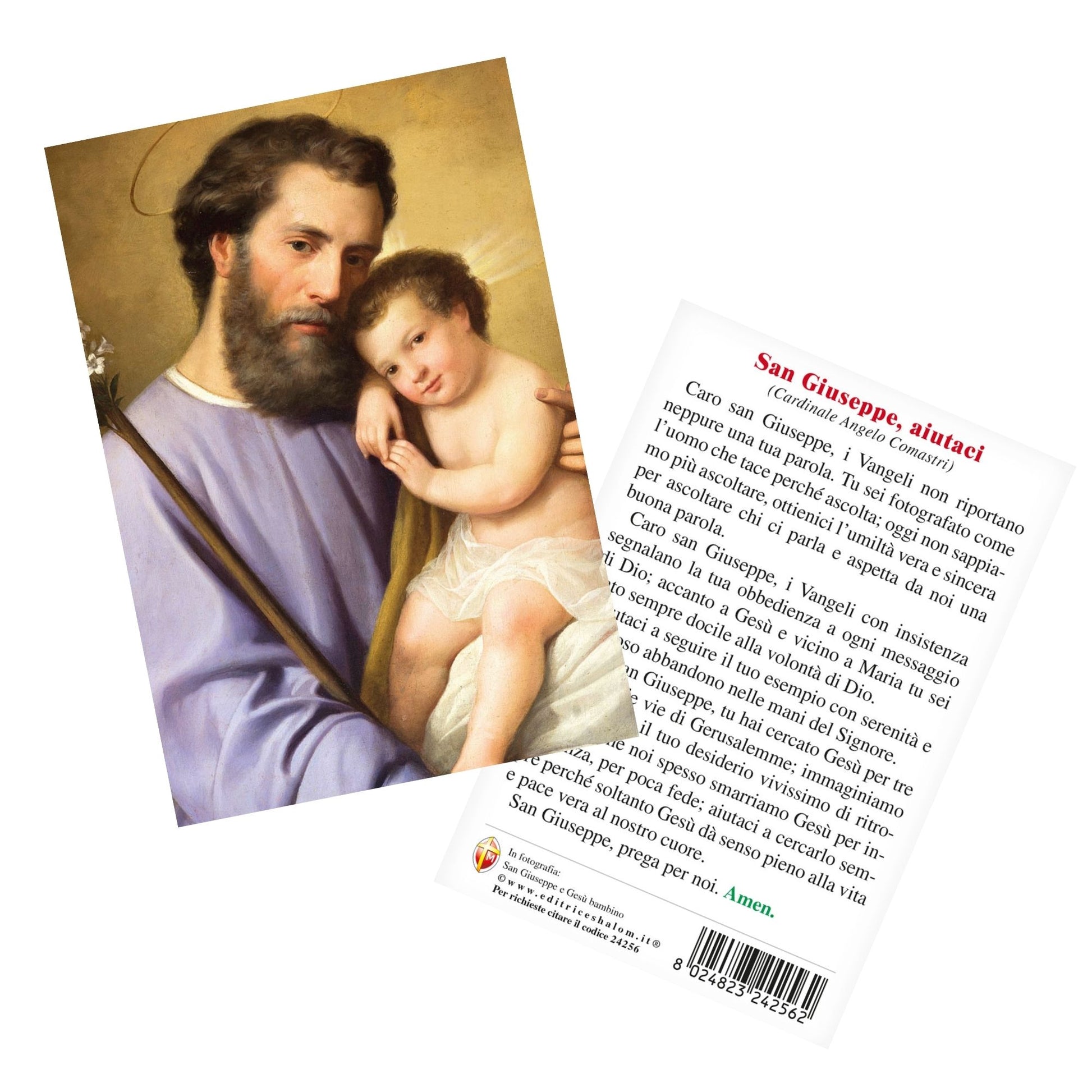 Cartolina San Giuseppe e Gesù bambino. Sul retro "San Giuseppe, aiutaci" di Card. Comastri