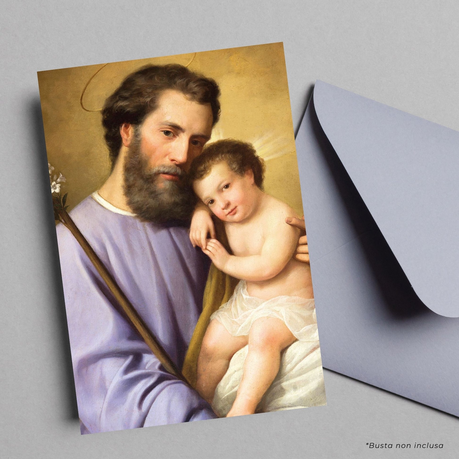 Cartolina San Giuseppe e Gesù bambino. Sul retro "San Giuseppe, aiutaci" di Card. Comastri