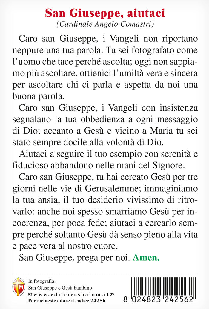 Cartolina San Giuseppe e Gesù bambino. Sul retro "San Giuseppe, aiutaci" di Card. Comastri