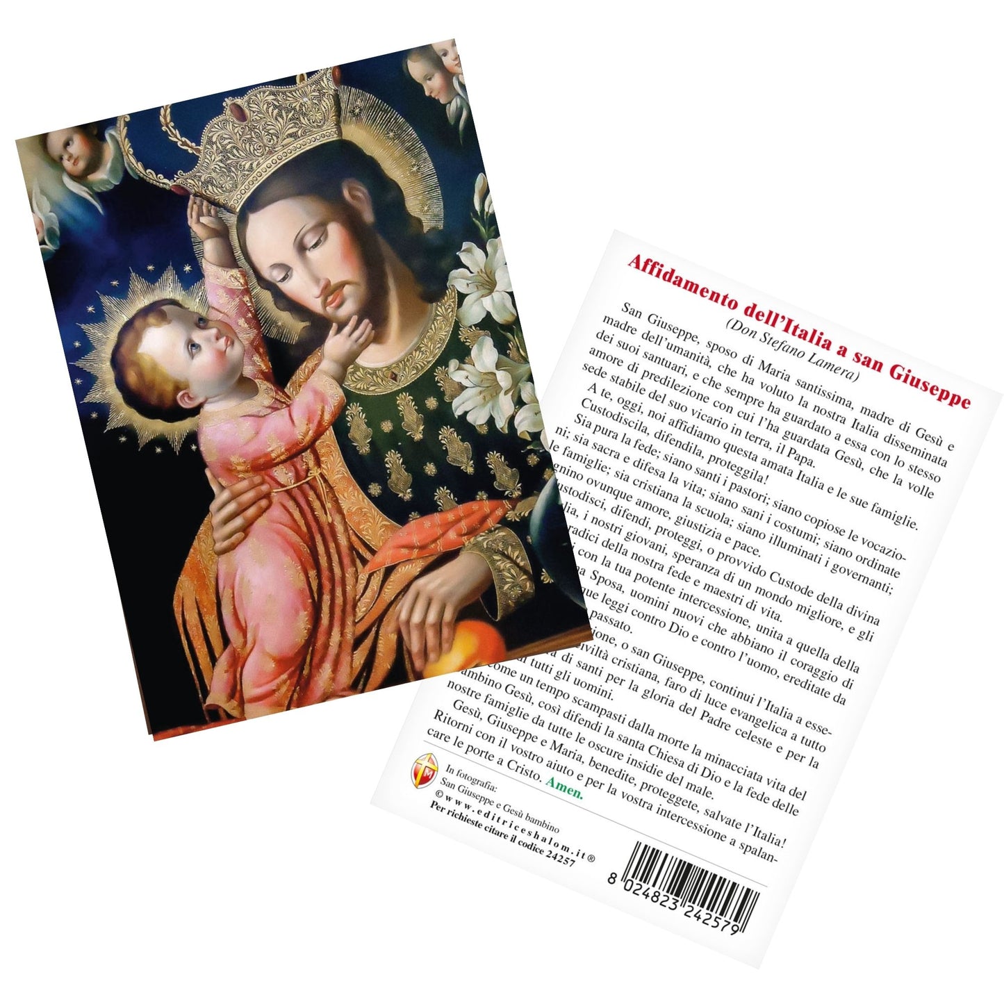 Cartolina San Giuseppe e Gesù bambino. Sul retro "Affidamento dell'Italia a san Giuseppe"