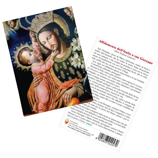 Cartolina San Giuseppe e Gesù bambino. Sul retro "Affidamento dell'Italia a san Giuseppe"