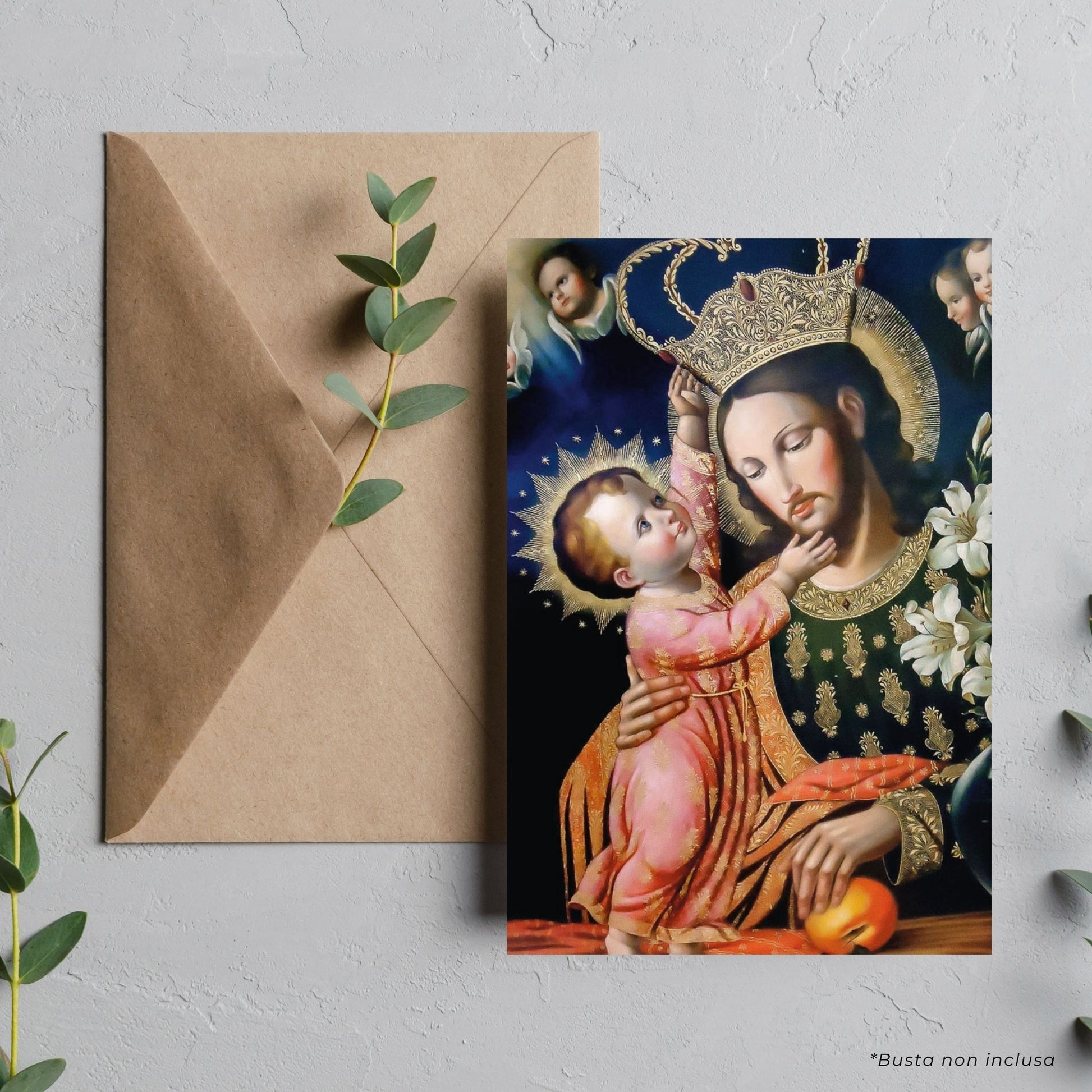 Cartolina San Giuseppe e Gesù bambino. Sul retro "Affidamento dell'Italia a san Giuseppe"