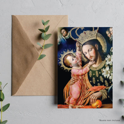 Cartolina San Giuseppe e Gesù bambino. Sul retro "Affidamento dell'Italia a san Giuseppe"