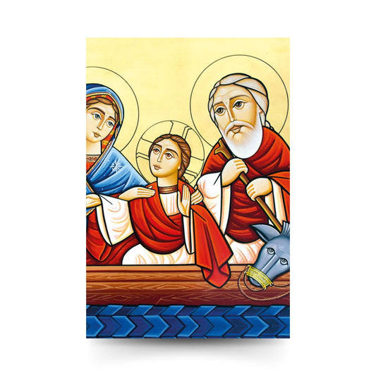 Cartolina Icona Sacra Famiglia, fuga in Egitto. Sul retro "San Giuseppe, proteggici in ogni momento"