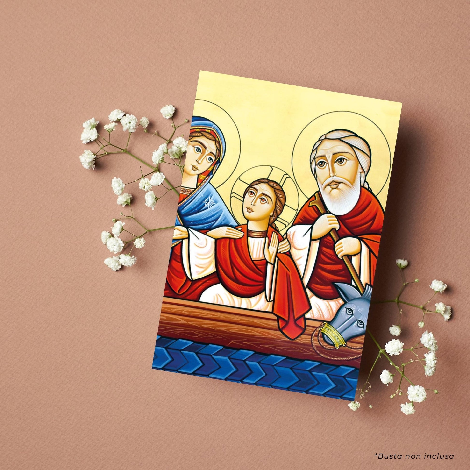 Cartolina Icona Sacra Famiglia, fuga in Egitto. Sul retro "San Giuseppe, proteggici in ogni momento"