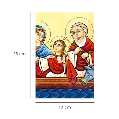 Cartolina Icona Sacra Famiglia, fuga in Egitto. Sul retro "San Giuseppe, proteggici in ogni momento"