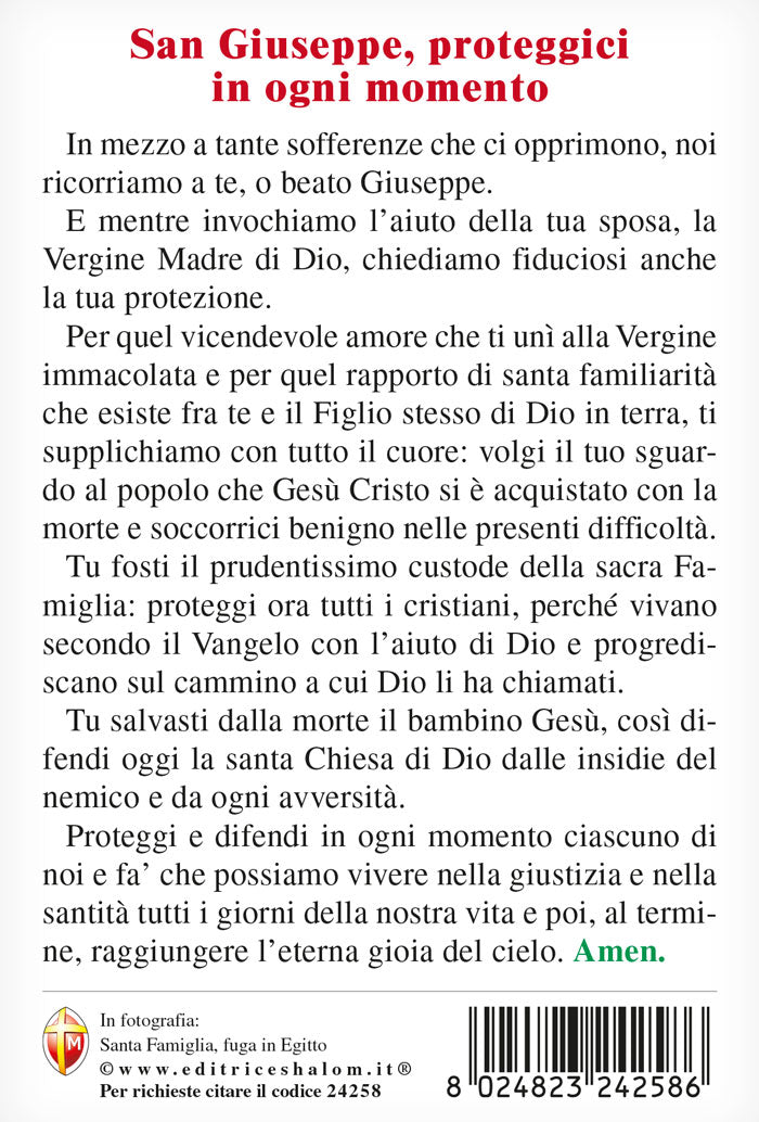Cartolina Icona Sacra Famiglia, fuga in Egitto. Sul retro "San Giuseppe, proteggici in ogni momento"