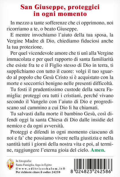 Cartolina Icona Sacra Famiglia, fuga in Egitto. Sul retro "San Giuseppe, proteggici in ogni momento"