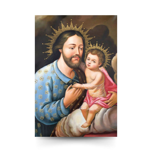 Cartolina San Giuseppe e Gesù Bambino. Sul retro "San Giuseppe, il giusto, il silenzioso"