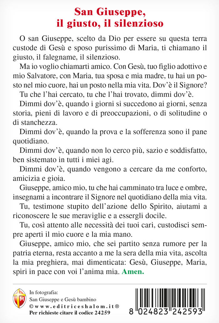 Cartolina San Giuseppe e Gesù Bambino. Sul retro "San Giuseppe, il giusto, il silenzioso"