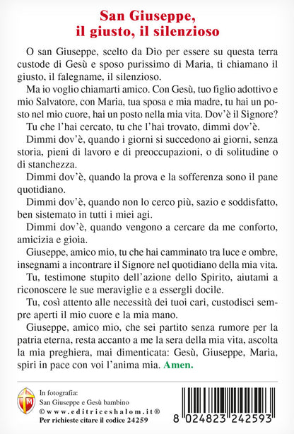 Cartolina San Giuseppe e Gesù Bambino. Sul retro "San Giuseppe, il giusto, il silenzioso"